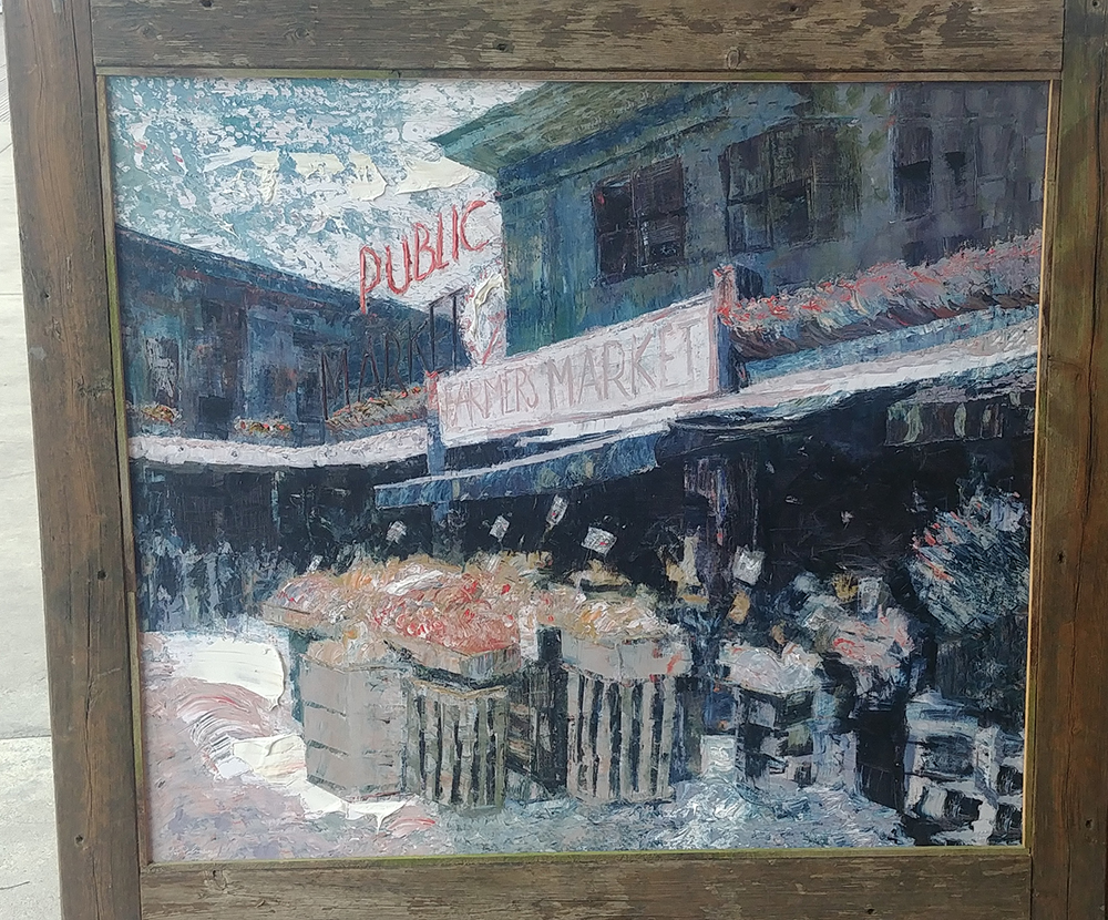 A painting of a fruit stand at the Pike Place Market