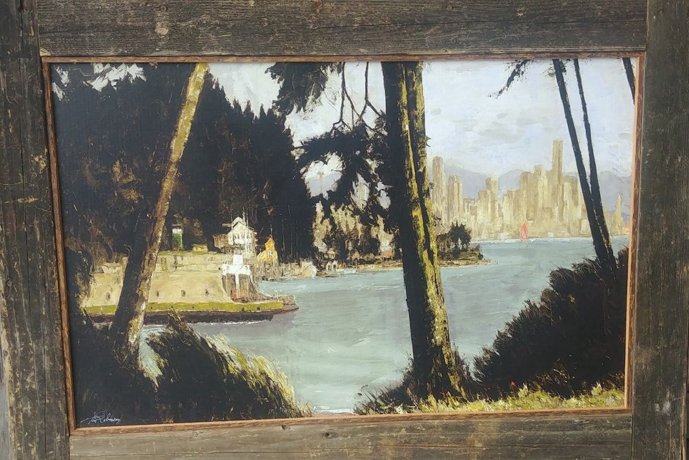 A painting of a ferry leaving a forested cove on Bainbridge Island.