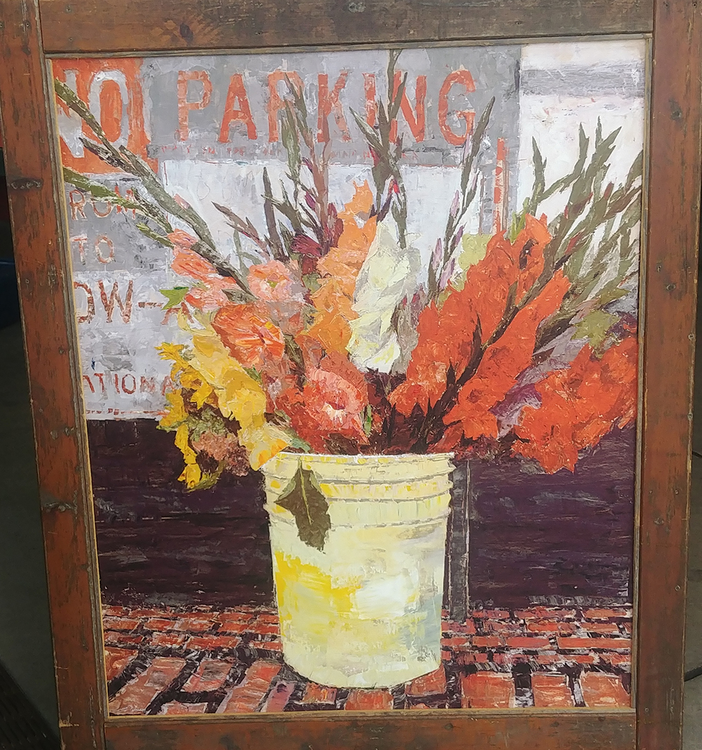 A painting of gladiolas in a bucket below a No Parking sign