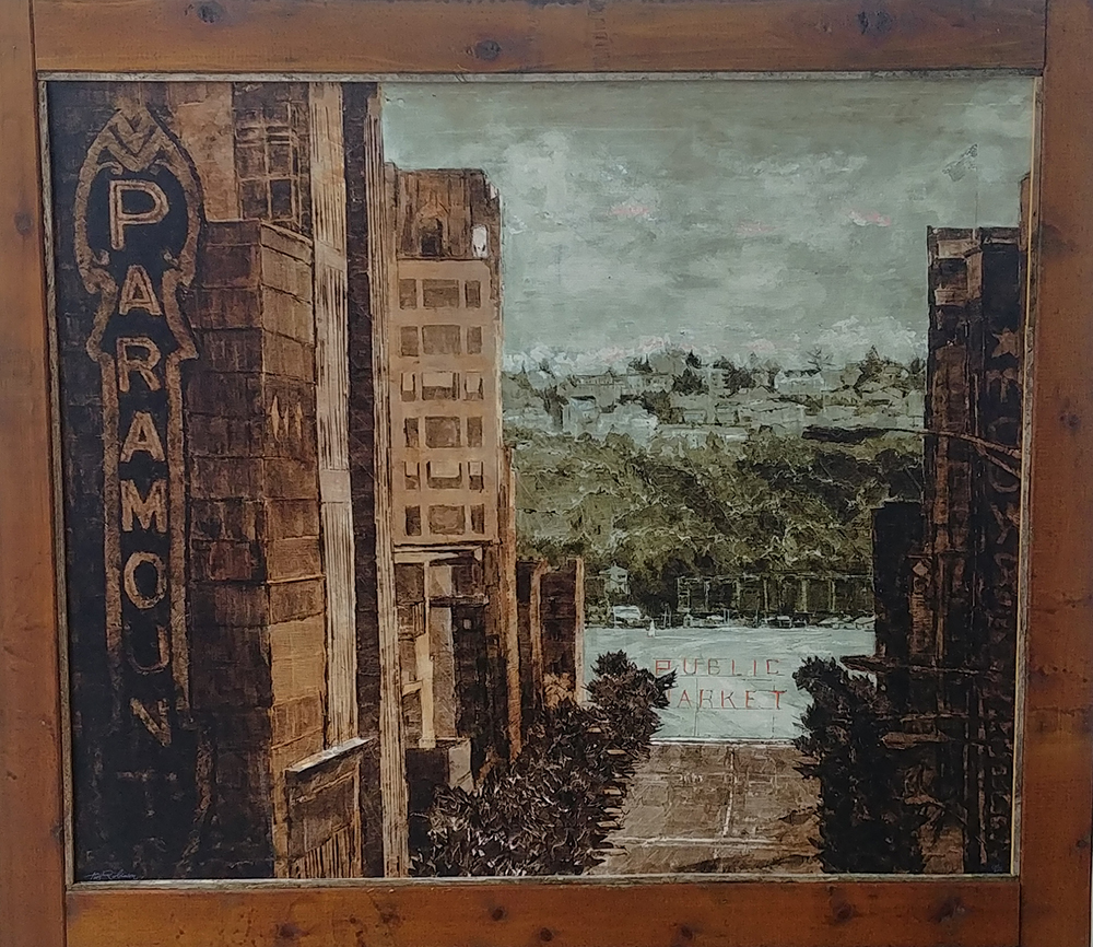 A painting of the Paramount theater sign, with the Public Market sign in the background.