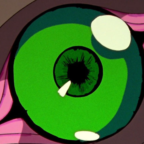 Close-up of the eye of the bright green eye of an Evangelion unit from the animated television series Neon Genesis Evangelion